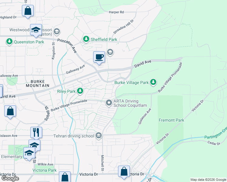 map of restaurants, bars, coffee shops, grocery stores, and more near 1350 Mitchell Street in Coquitlam