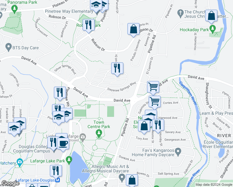 map of restaurants, bars, coffee shops, grocery stores, and more near 3132 Dayanee Springs Boulevard in Coquitlam