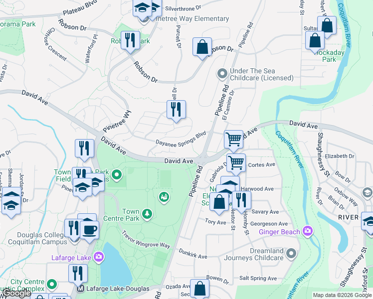 map of restaurants, bars, coffee shops, grocery stores, and more near 3156 Dayanee Springs Boulevard in Coquitlam