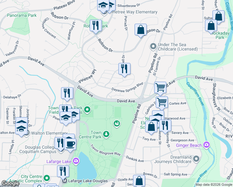 map of restaurants, bars, coffee shops, grocery stores, and more near 3110 Dayanee Springs Boulevard in Coquitlam
