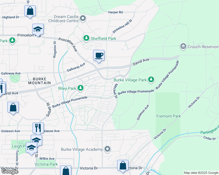 map of restaurants, bars, coffee shops, grocery stores, and more near 1350 Mitchell Street in Coquitlam