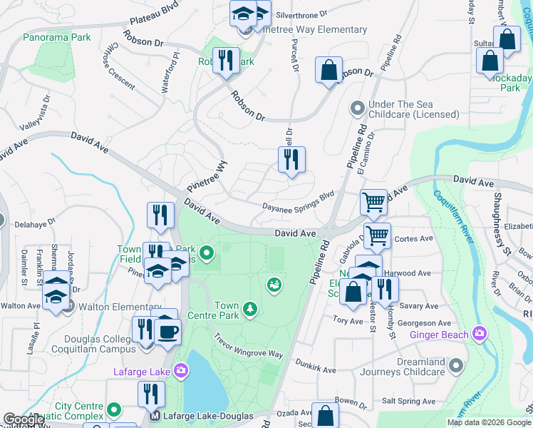 map of restaurants, bars, coffee shops, grocery stores, and more near 3110 Dayanee Springs Boulevard in Coquitlam