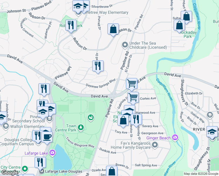 map of restaurants, bars, coffee shops, grocery stores, and more near 3178 Dayanee Springs Boulevard in Coquitlam