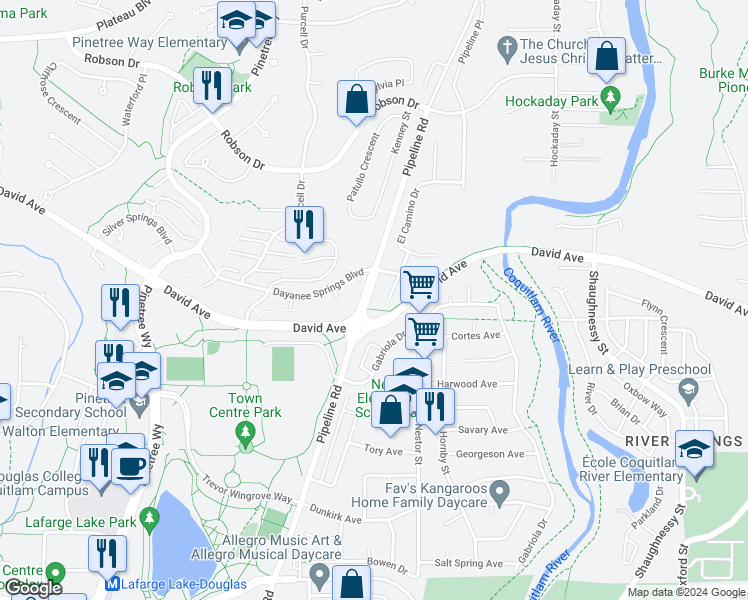 map of restaurants, bars, coffee shops, grocery stores, and more near 1346 El Camino Drive in Coquitlam