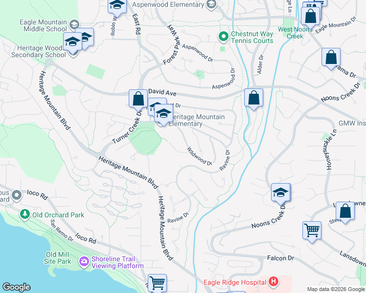 map of restaurants, bars, coffee shops, grocery stores, and more near 35 Wildwood Drive in Port Moody