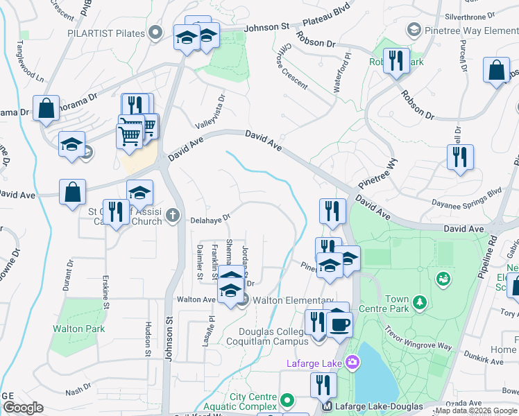 map of restaurants, bars, coffee shops, grocery stores, and more near 2974 Delahaye Drive in Coquitlam
