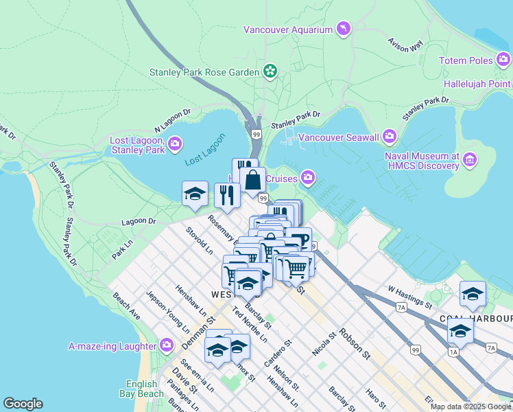 map of restaurants, bars, coffee shops, grocery stores, and more near 1925 Alberni Street in Vancouver