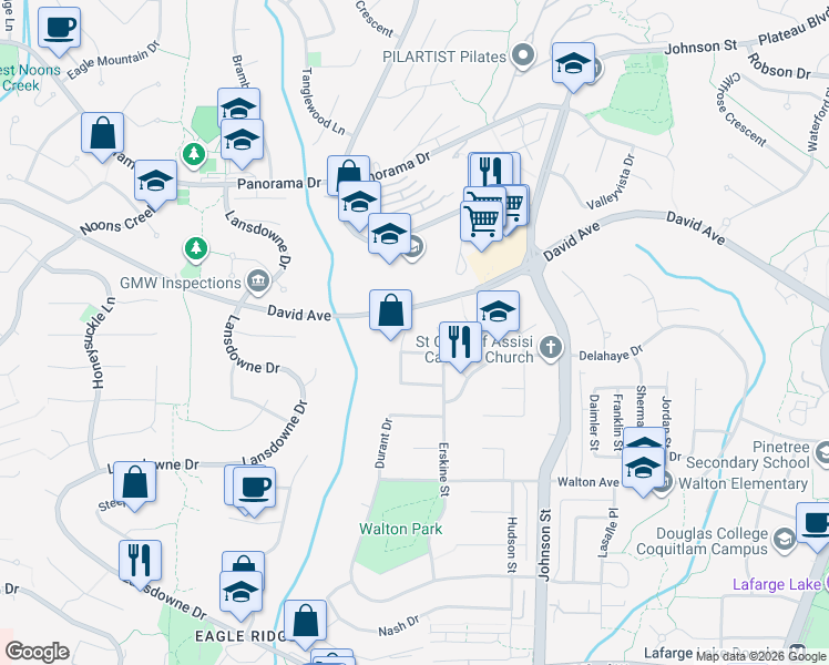 map of restaurants, bars, coffee shops, grocery stores, and more near 2605 Auburn Place in Coquitlam