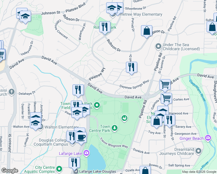 map of restaurants, bars, coffee shops, grocery stores, and more near 3082 Dayanee Springs Boulevard in Coquitlam