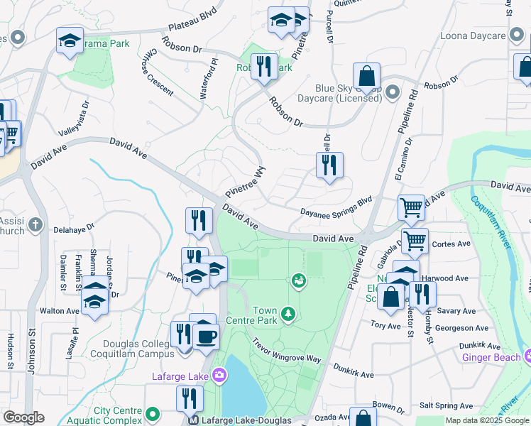 map of restaurants, bars, coffee shops, grocery stores, and more near 1322 Genest Way in Coquitlam
