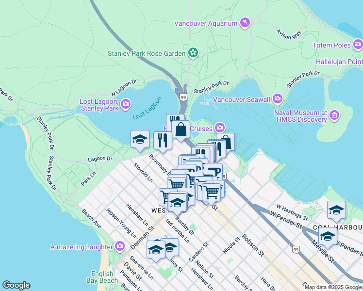 map of restaurants, bars, coffee shops, grocery stores, and more near 1975 Alberni Street in Vancouver