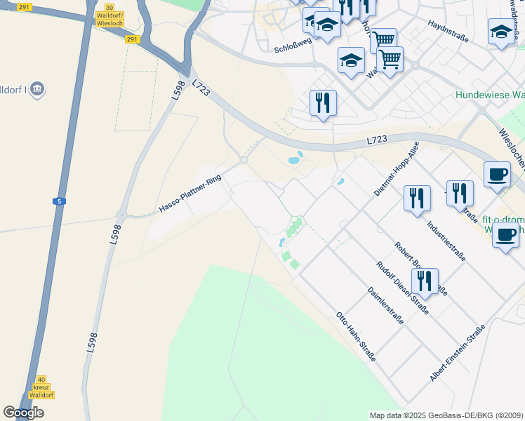map of restaurants, bars, coffee shops, grocery stores, and more near 7 Hasso-Plattner-Ring in Walldorf