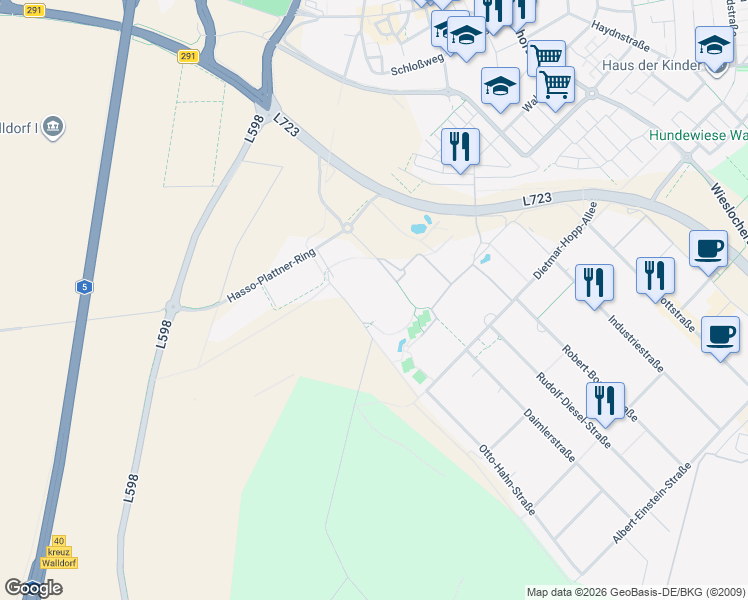 map of restaurants, bars, coffee shops, grocery stores, and more near 7 Hasso-Plattner-Ring in Walldorf