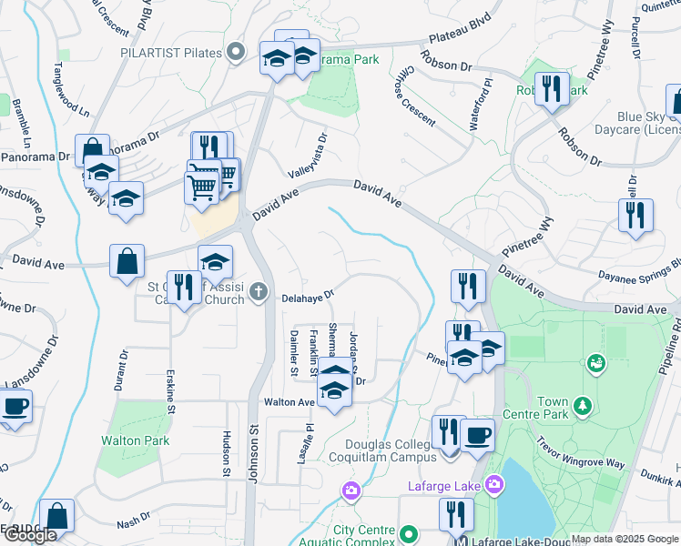map of restaurants, bars, coffee shops, grocery stores, and more near 1330 Cimarron Drive in Coquitlam