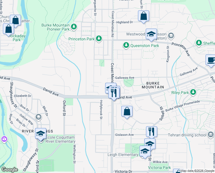 map of restaurants, bars, coffee shops, grocery stores, and more near Francis Crescent in Coquitlam
