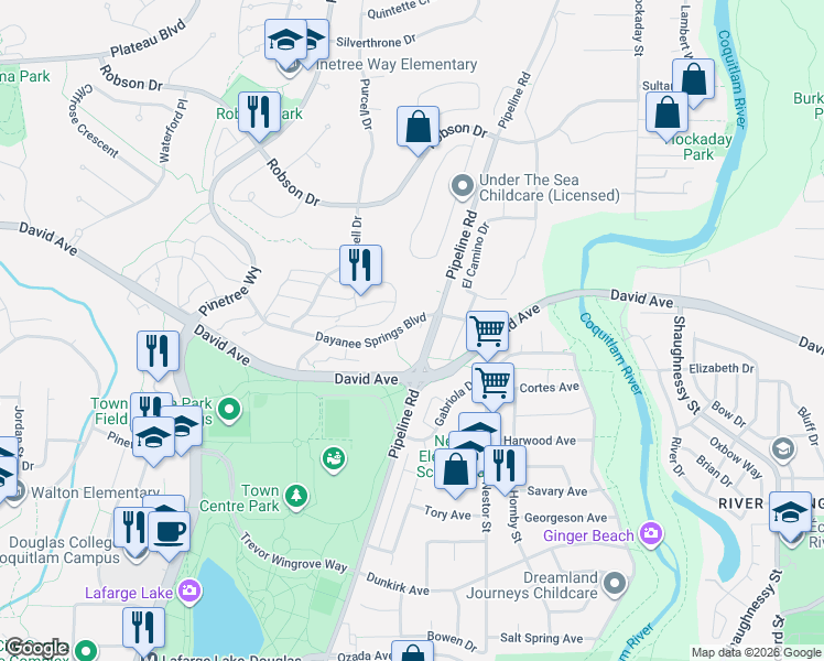 map of restaurants, bars, coffee shops, grocery stores, and more near 3178 Dayanee Springs Boulevard in Coquitlam
