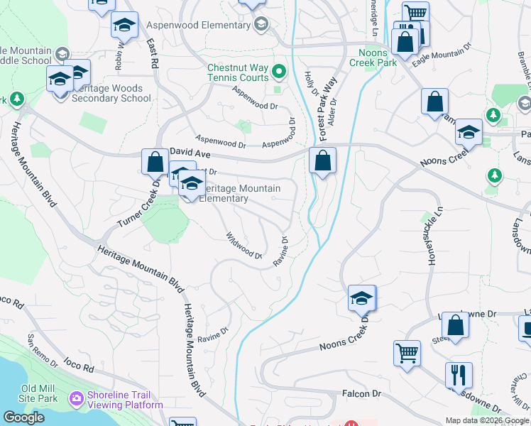 map of restaurants, bars, coffee shops, grocery stores, and more near 84 Ravine Drive in Port Moody