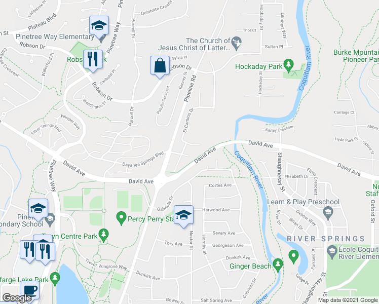 map of restaurants, bars, coffee shops, grocery stores, and more near 3315 El Casa Court in Coquitlam