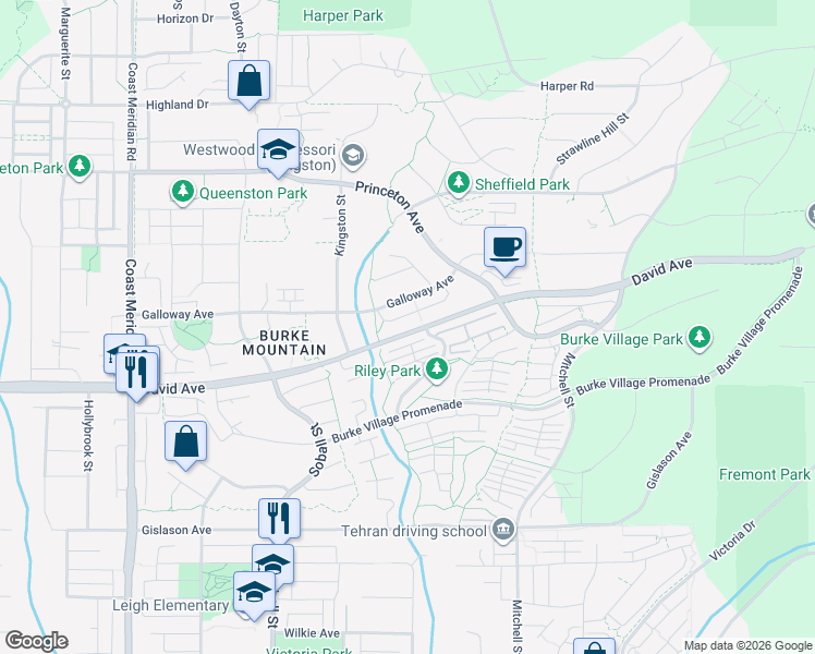 map of restaurants, bars, coffee shops, grocery stores, and more near 3475 David Avenue in Coquitlam