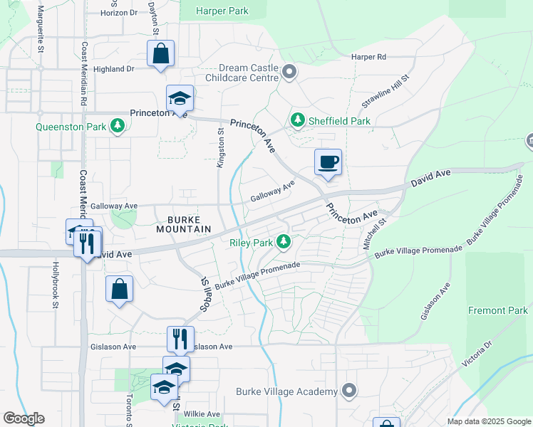 map of restaurants, bars, coffee shops, grocery stores, and more near 3477 David Avenue in Coquitlam
