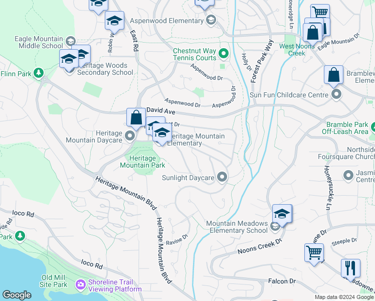 map of restaurants, bars, coffee shops, grocery stores, and more near 1 Buckhorn Place in Port Moody