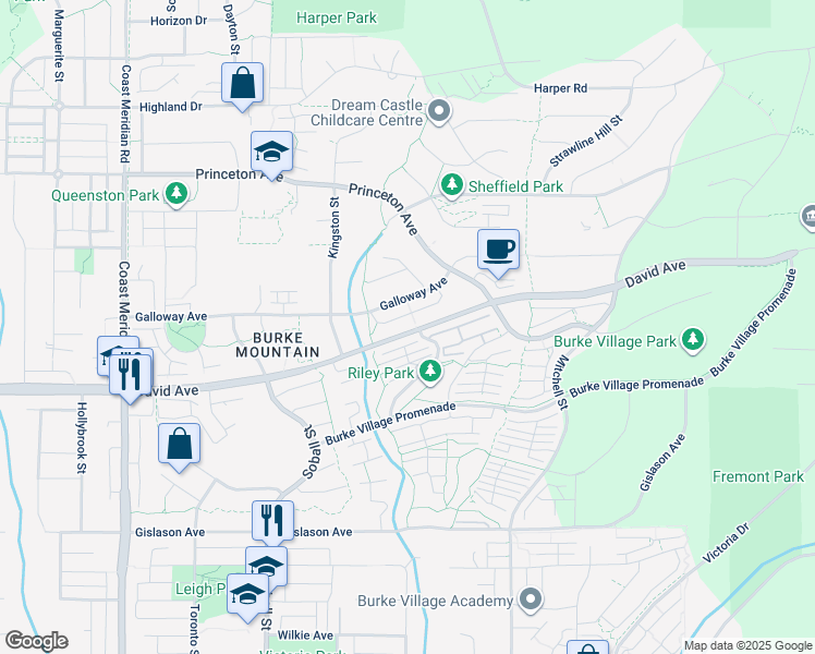 map of restaurants, bars, coffee shops, grocery stores, and more near 3479 David Avenue in Coquitlam