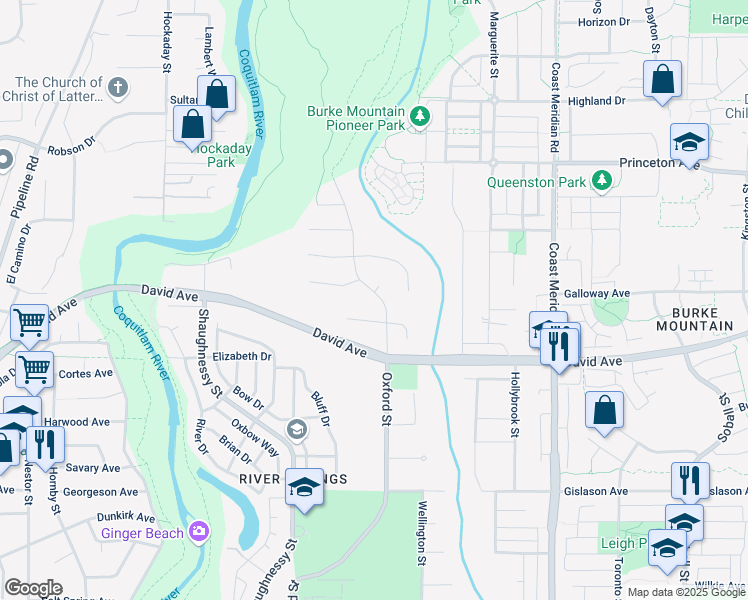 map of restaurants, bars, coffee shops, grocery stores, and more near 1362 Oxford Street in Coquitlam