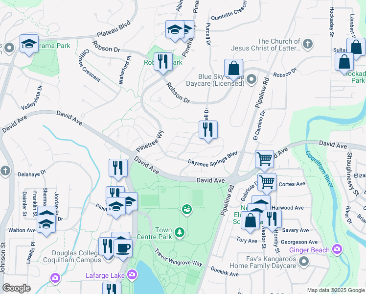 map of restaurants, bars, coffee shops, grocery stores, and more near 1362 Purcell Drive in Coquitlam