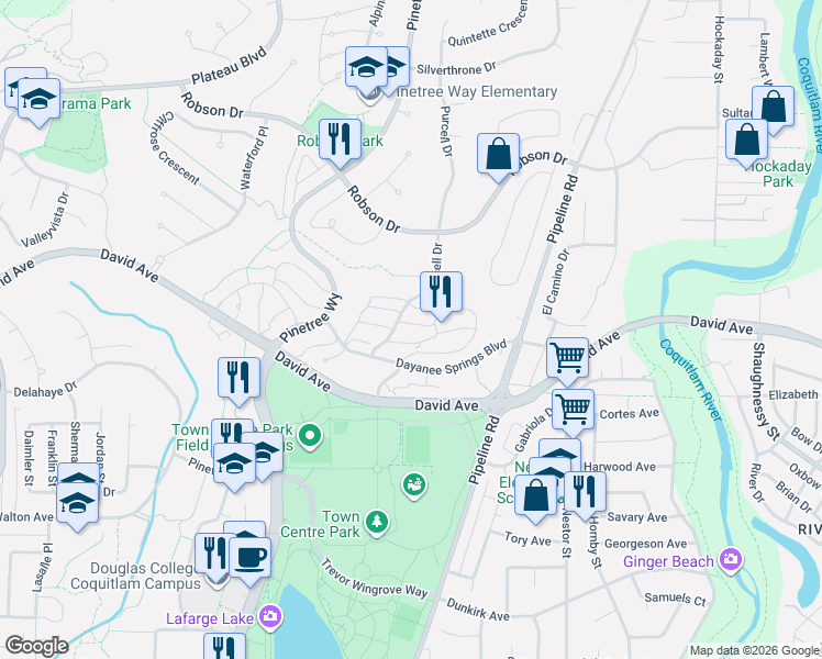 map of restaurants, bars, coffee shops, grocery stores, and more near 1369 Purcell Drive in Coquitlam