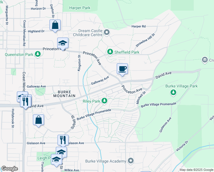 map of restaurants, bars, coffee shops, grocery stores, and more near 3499 David Avenue in Coquitlam