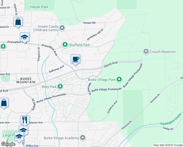 map of restaurants, bars, coffee shops, grocery stores, and more near 1360 Mitchell Street in Coquitlam
