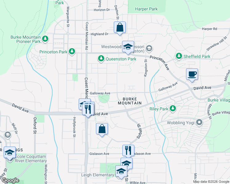 map of restaurants, bars, coffee shops, grocery stores, and more near 3417 Galloway Avenue in Coquitlam