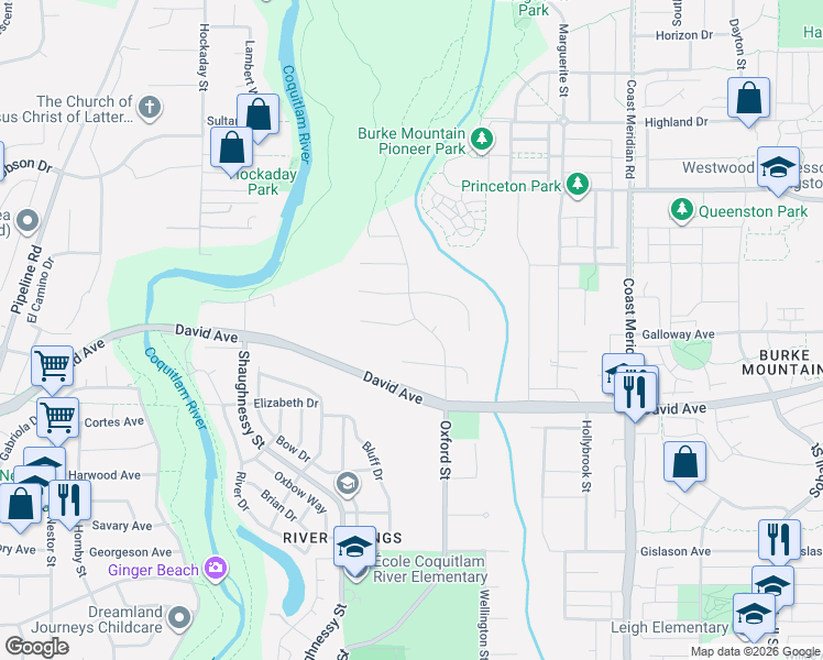 map of restaurants, bars, coffee shops, grocery stores, and more near 1372 Oxford Street in Coquitlam