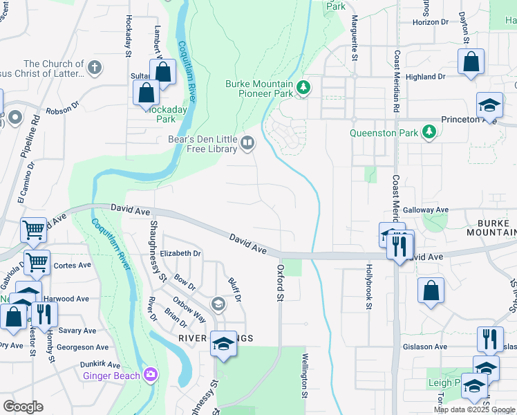 map of restaurants, bars, coffee shops, grocery stores, and more near 1372 Oxford Street in Coquitlam