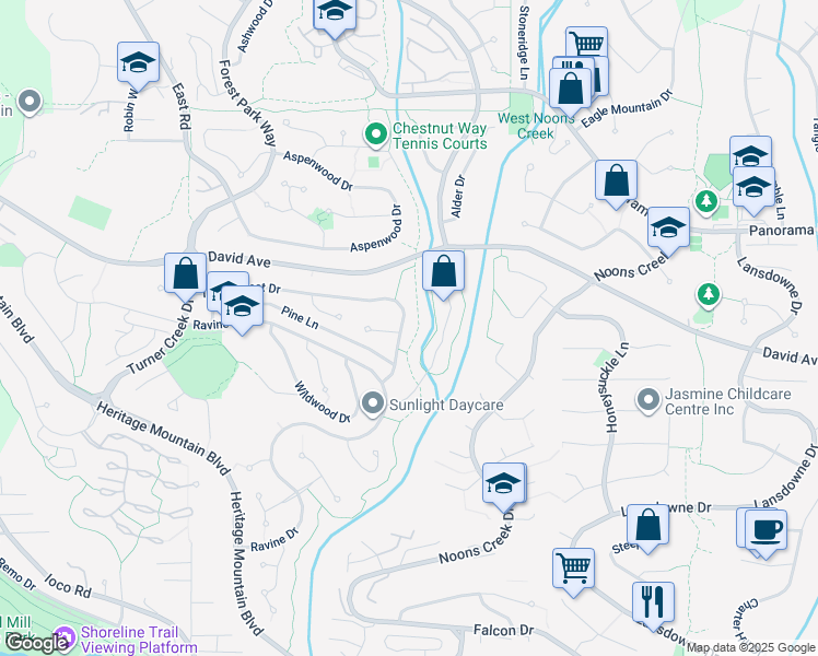 map of restaurants, bars, coffee shops, grocery stores, and more near 20 Timbercrest Drive in Port Moody