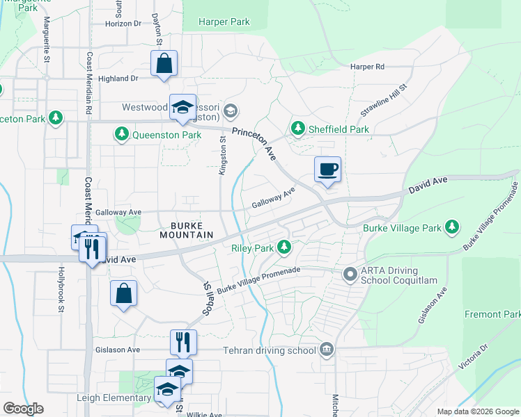 map of restaurants, bars, coffee shops, grocery stores, and more near 3470 Galloway Avenue in Coquitlam