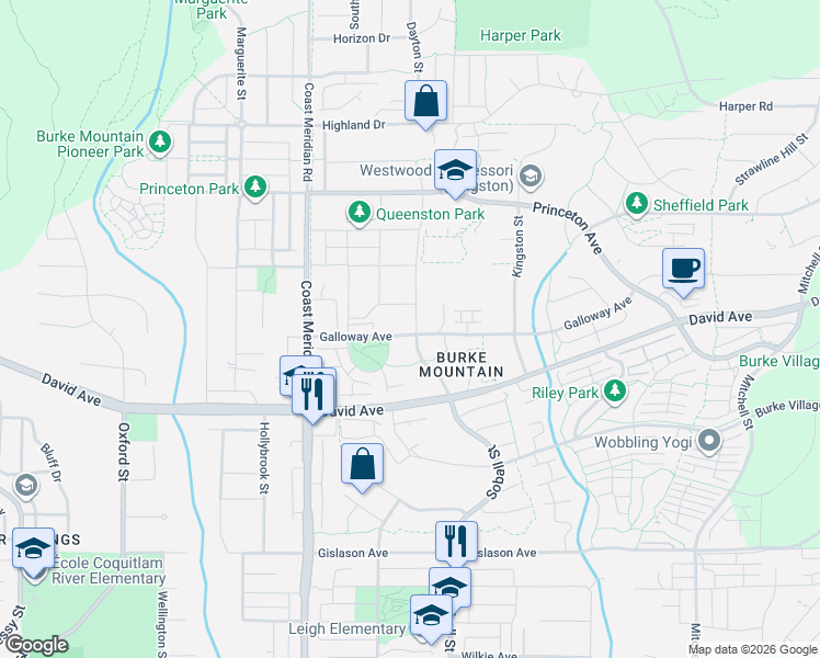 map of restaurants, bars, coffee shops, grocery stores, and more near 1350 Soball Street in Coquitlam