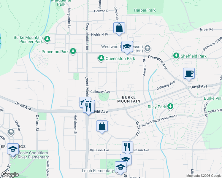 map of restaurants, bars, coffee shops, grocery stores, and more near 3407 Galloway Avenue in Coquitlam