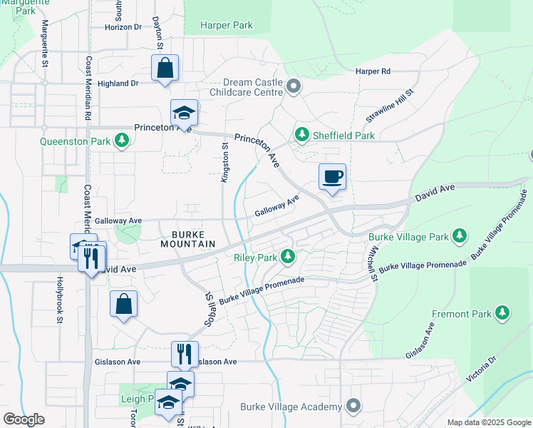 map of restaurants, bars, coffee shops, grocery stores, and more near 3472 Galloway Avenue in Coquitlam