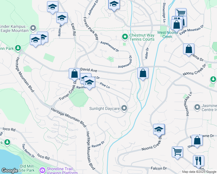 map of restaurants, bars, coffee shops, grocery stores, and more near Pine Lane in Port Moody