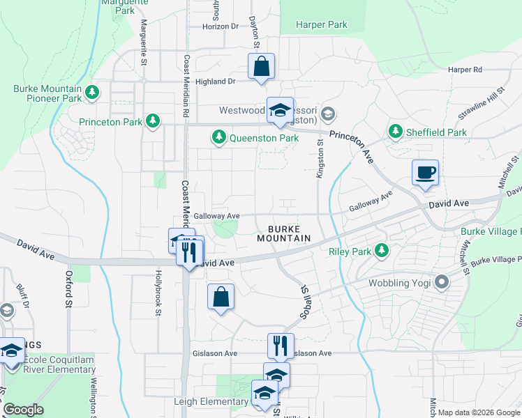 map of restaurants, bars, coffee shops, grocery stores, and more near 3419 Galloway Avenue in Coquitlam