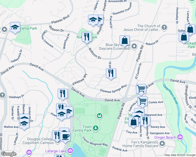 map of restaurants, bars, coffee shops, grocery stores, and more near 1370 Purcell Drive in Coquitlam