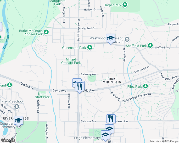 map of restaurants, bars, coffee shops, grocery stores, and more near 1 Galloway Avenue in Coquitlam