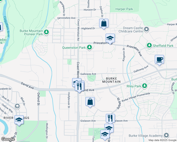 map of restaurants, bars, coffee shops, grocery stores, and more near 1349 Hames Crescent in Coquitlam
