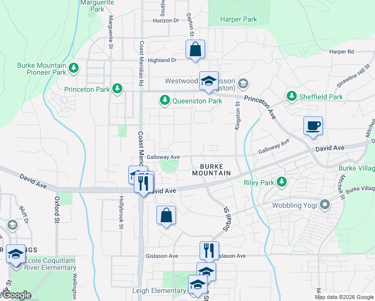 map of restaurants, bars, coffee shops, grocery stores, and more near 3417 Galloway Avenue in Coquitlam