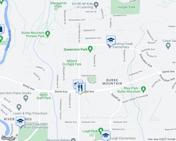 map of restaurants, bars, coffee shops, grocery stores, and more near 1359 Hames Crescent in Coquitlam