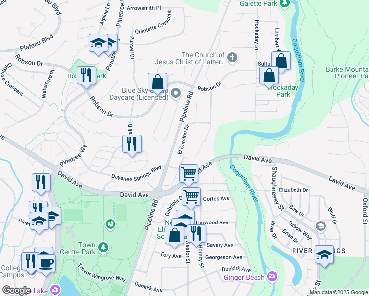 map of restaurants, bars, coffee shops, grocery stores, and more near 1373 El Camino Drive in Coquitlam