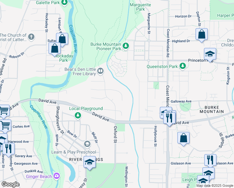 map of restaurants, bars, coffee shops, grocery stores, and more near 3320 Abbey Lane in Coquitlam