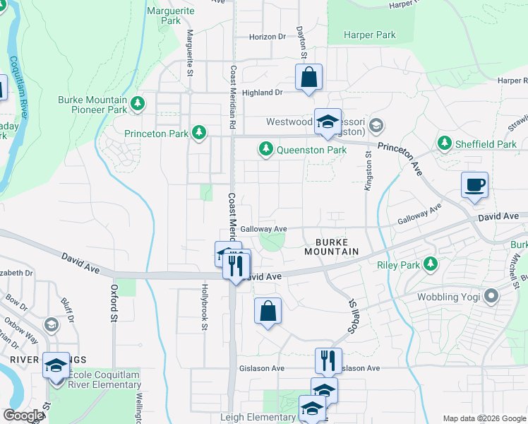 map of restaurants, bars, coffee shops, grocery stores, and more near 1353 Hames Crescent in Coquitlam