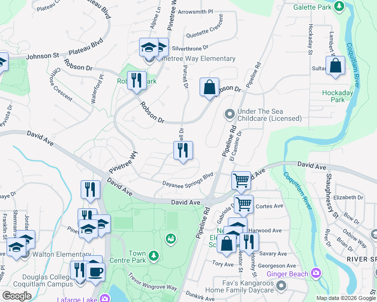 map of restaurants, bars, coffee shops, grocery stores, and more near 3108 Fisher Court in Coquitlam